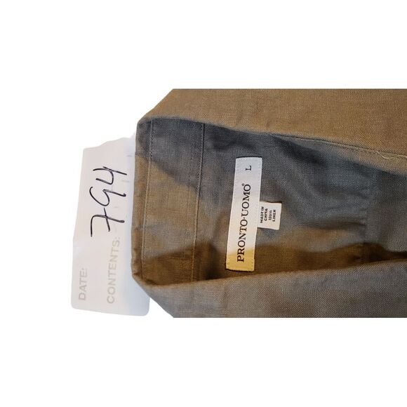 Pronto‎ Uomo 100% Linen Short Sleeve Button Down Shirt Brown Size L Designer - Picture 14 of 16